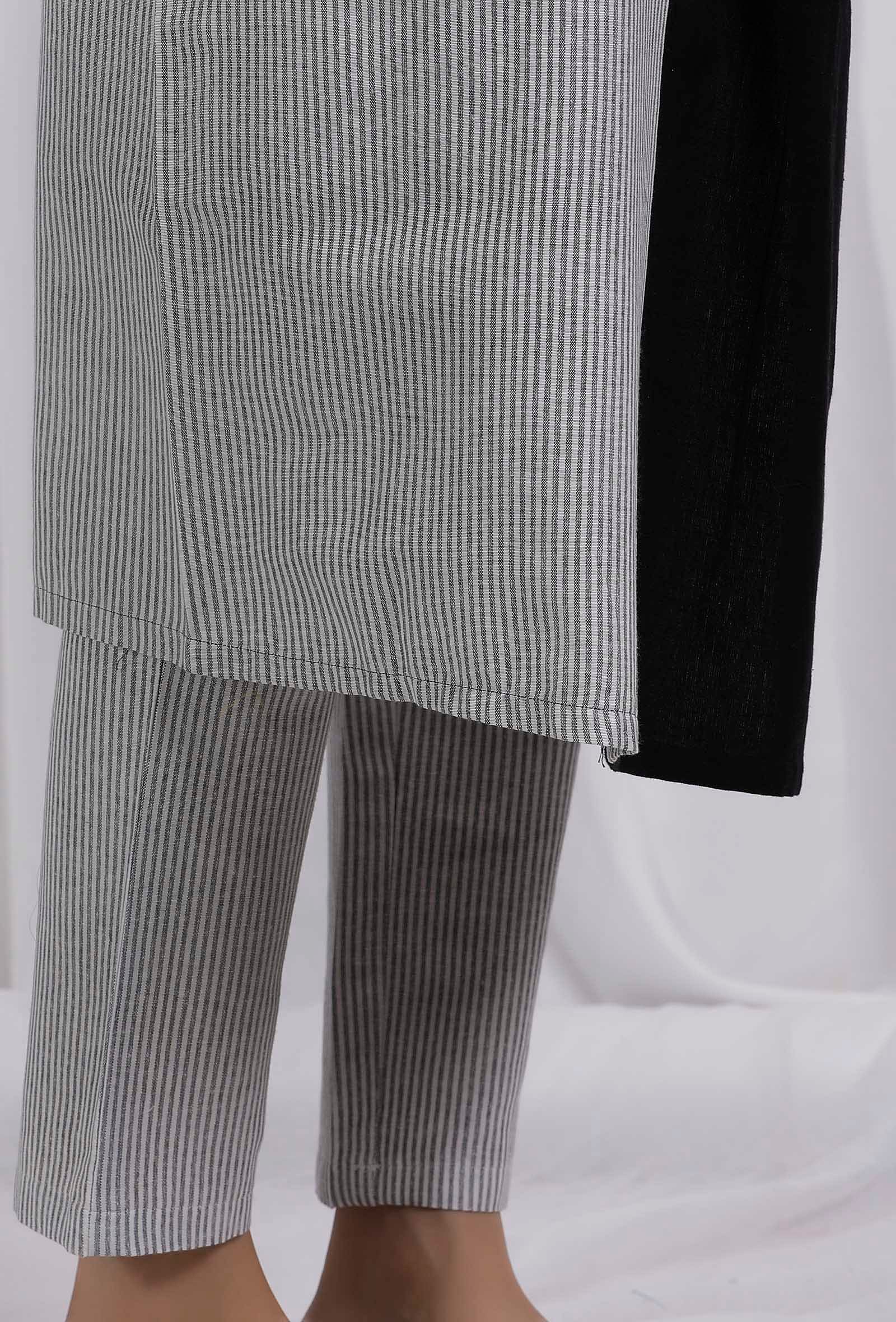 Set Of 2: Black Cotton Cotton Kurta With Cotton Black Striped Straight Pants