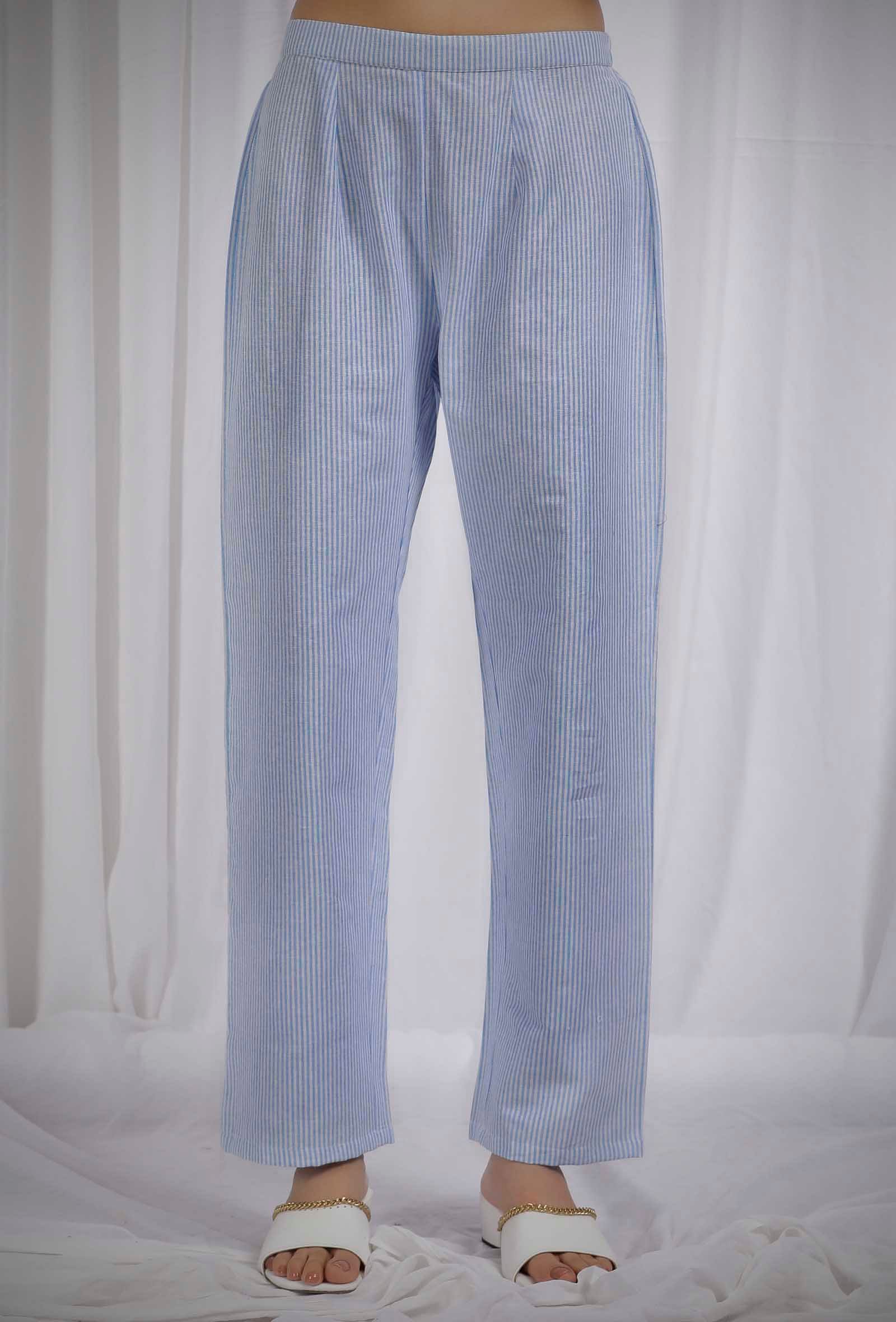 Blue Woven Cotton Striped Straight Pants