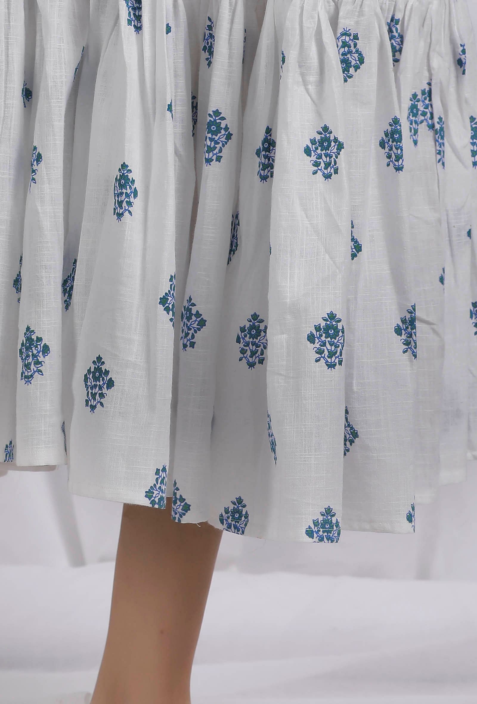 Blue and Green Block Printed Cotton Flared Tier Dress