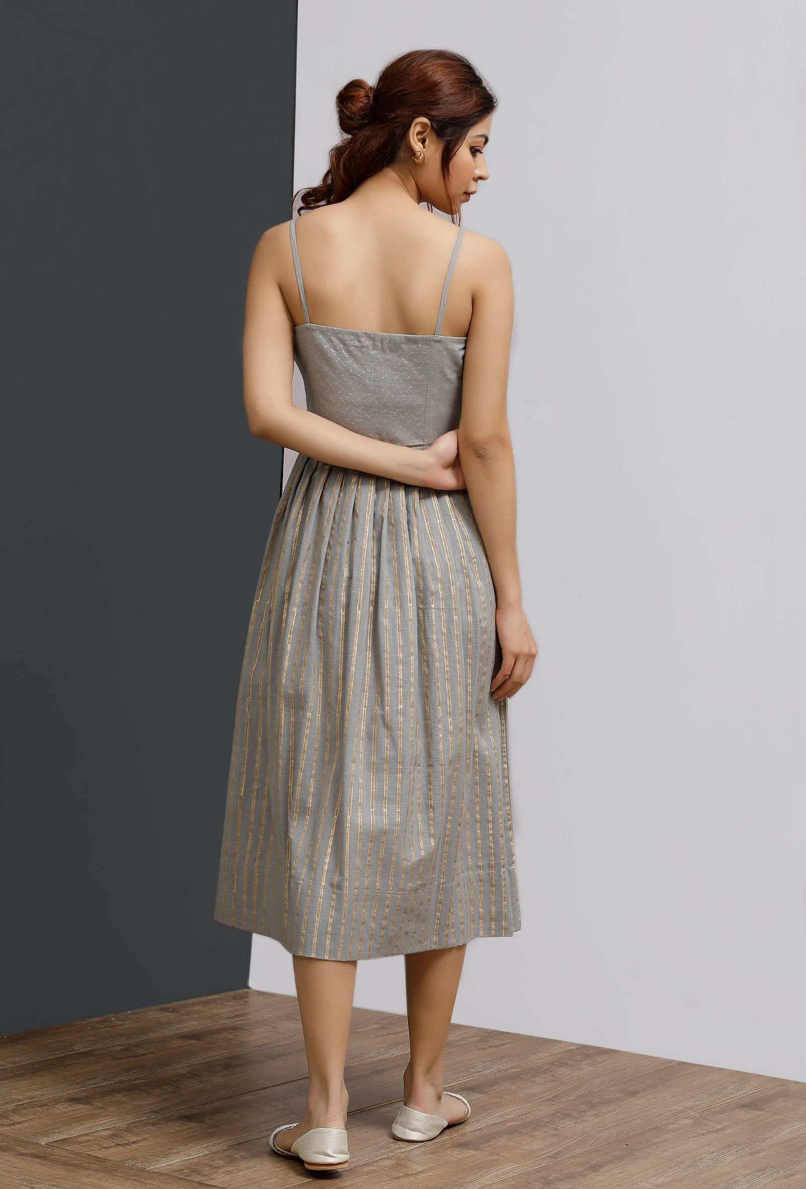 Strappy Grey Block Printed Pleated Dress