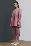 Set of 2: Onion Pink Hand-Block Gathered Short Kurta With Solid Onion Pink Side Pleated Pants