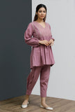 Set of 2: Onion Pink Hand-Block Gathered Short Kurta With Solid Onion Pink Side Pleated Pants