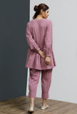 Set of 2: Onion Pink Hand-Block Gathered Short Kurta With Solid Onion Pink Side Pleated Pants