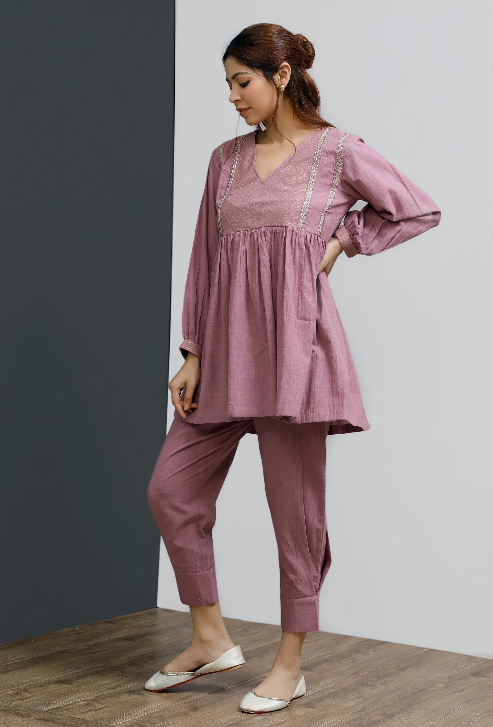 Onion Pink Hand Block Printed Gathered Short Kurta