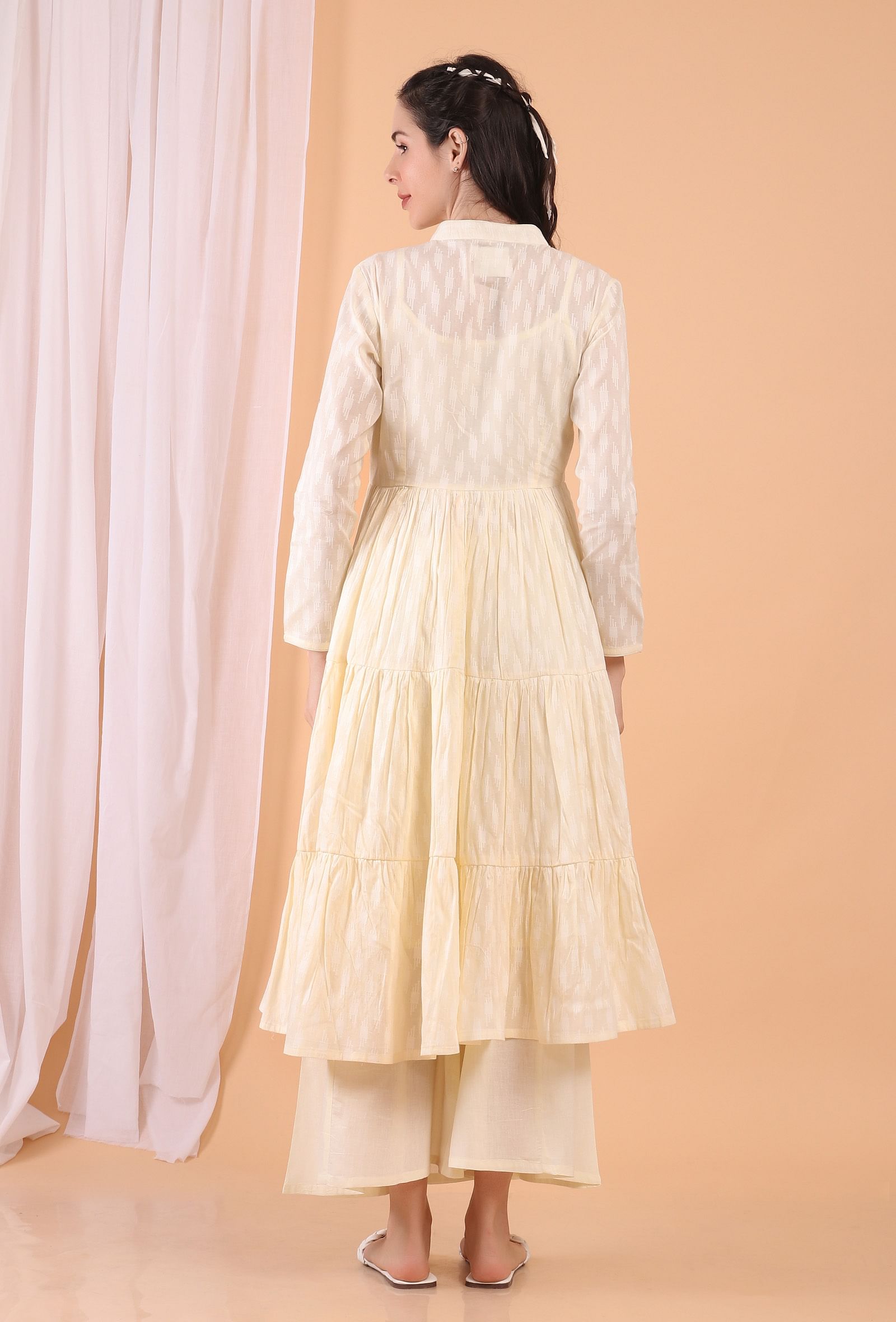 Set of 2: Cream Cotton Tiered Gathered Dress with Pants