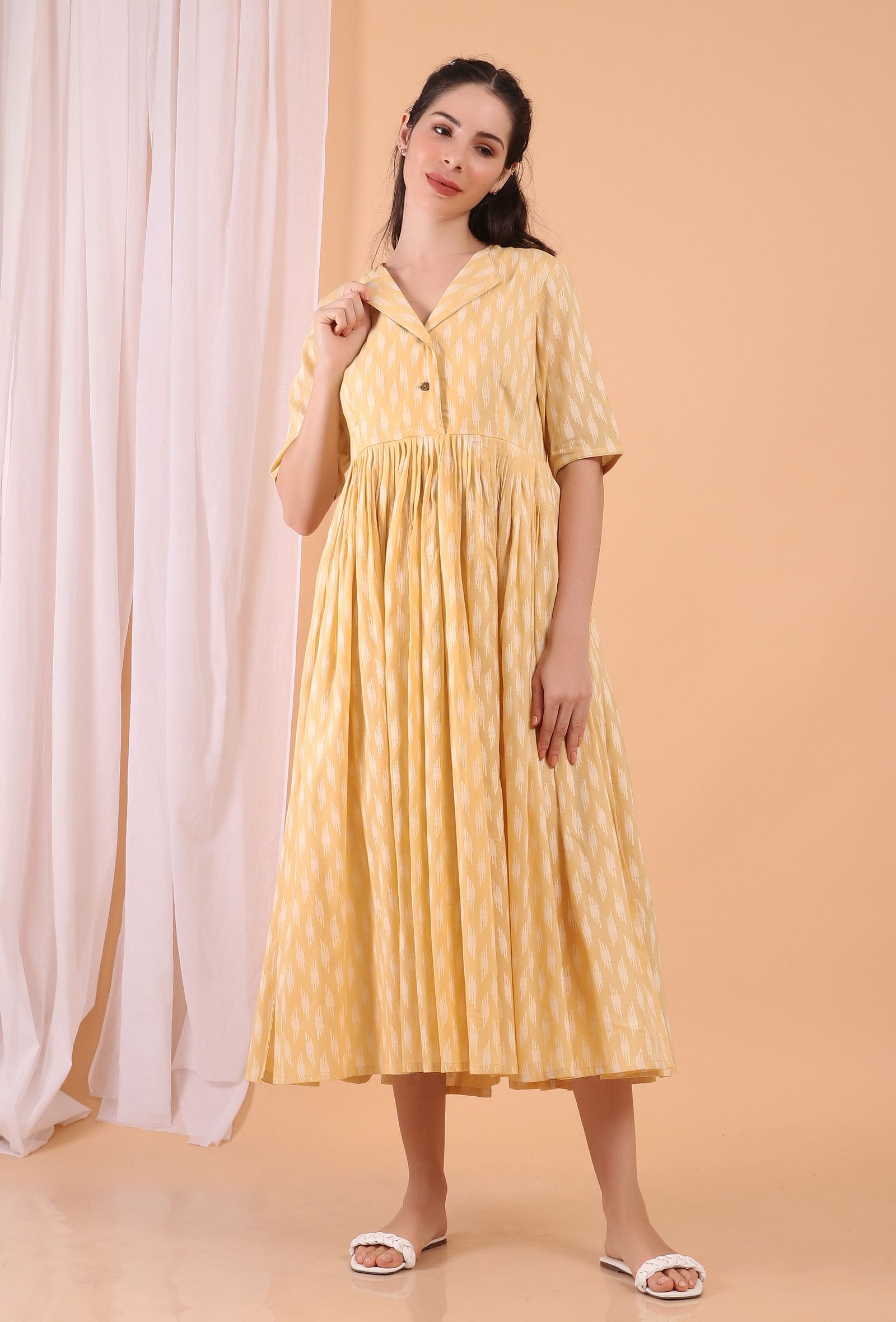 Lemon Tart Yellow Cotton Tiered Gathered Long Dress