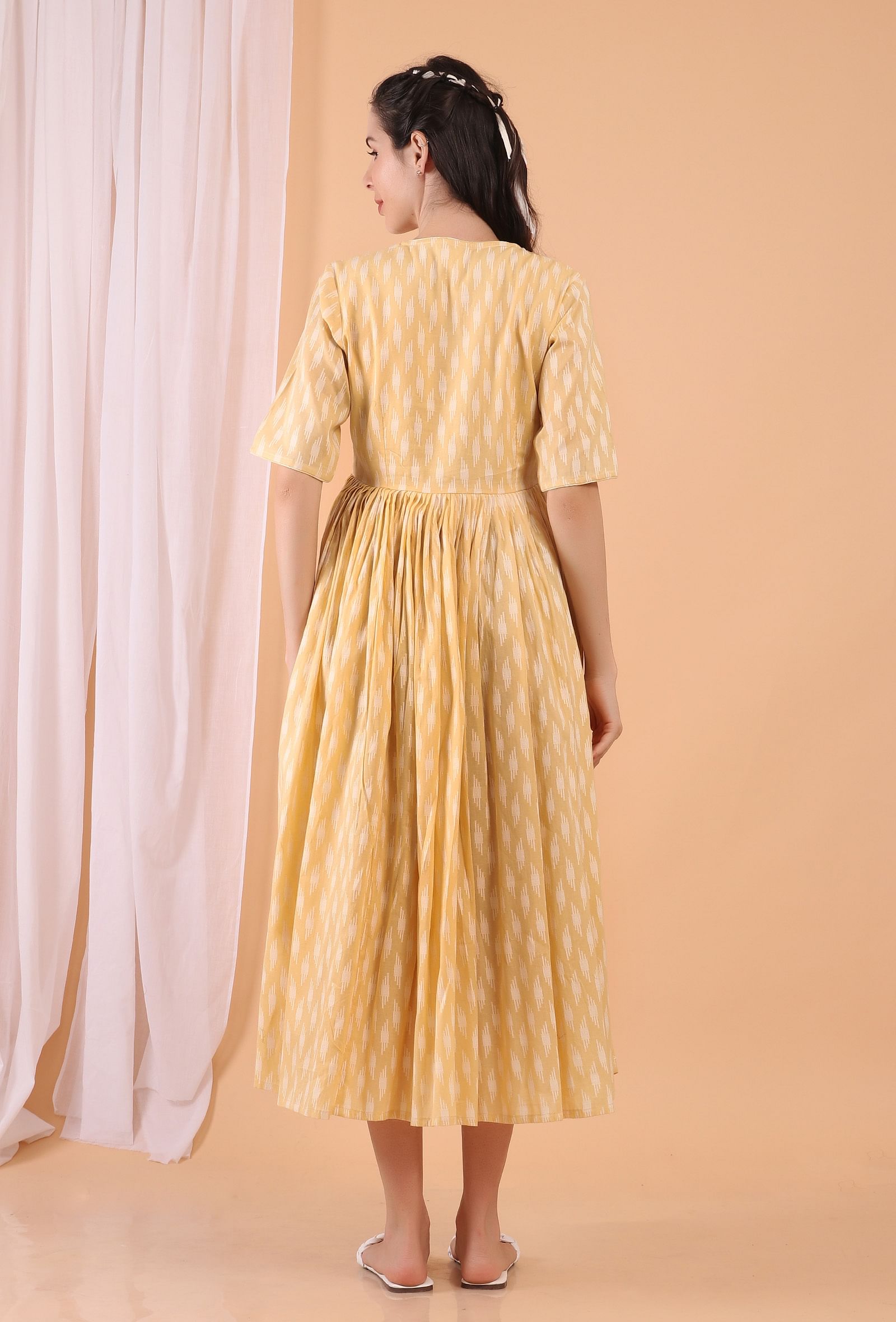 Lemon Tart Yellow Cotton Tiered Gathered Long Dress
