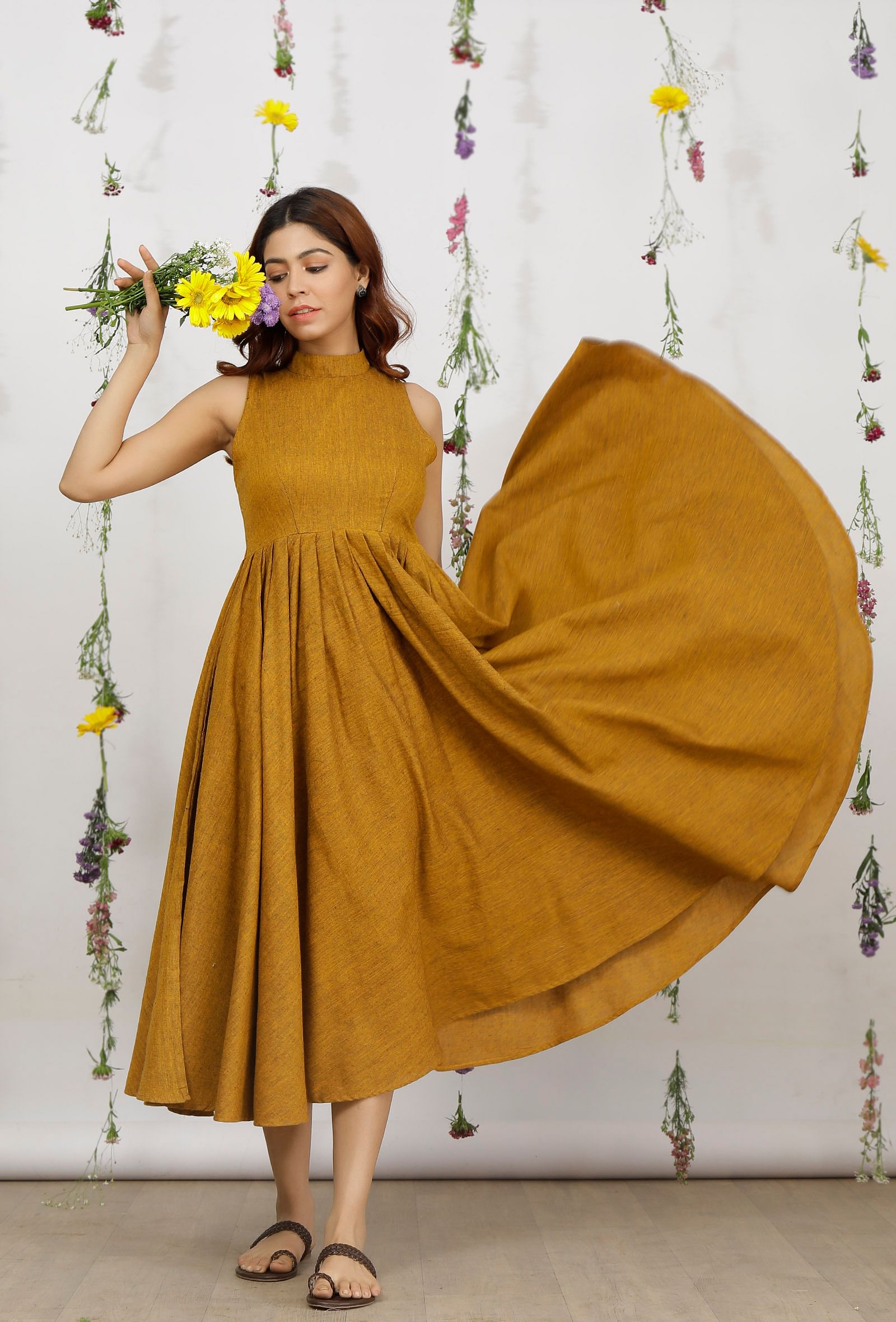 Mustard Yellow Khadi Cotton Flared Halter Neck Sleeveless Dress Mustard Yellow Khadi Cotton Flared Halter Neck Sleeveless Dress