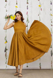 Mustard Yellow Khadi Cotton Flared Halter Neck Sleeveless Dress