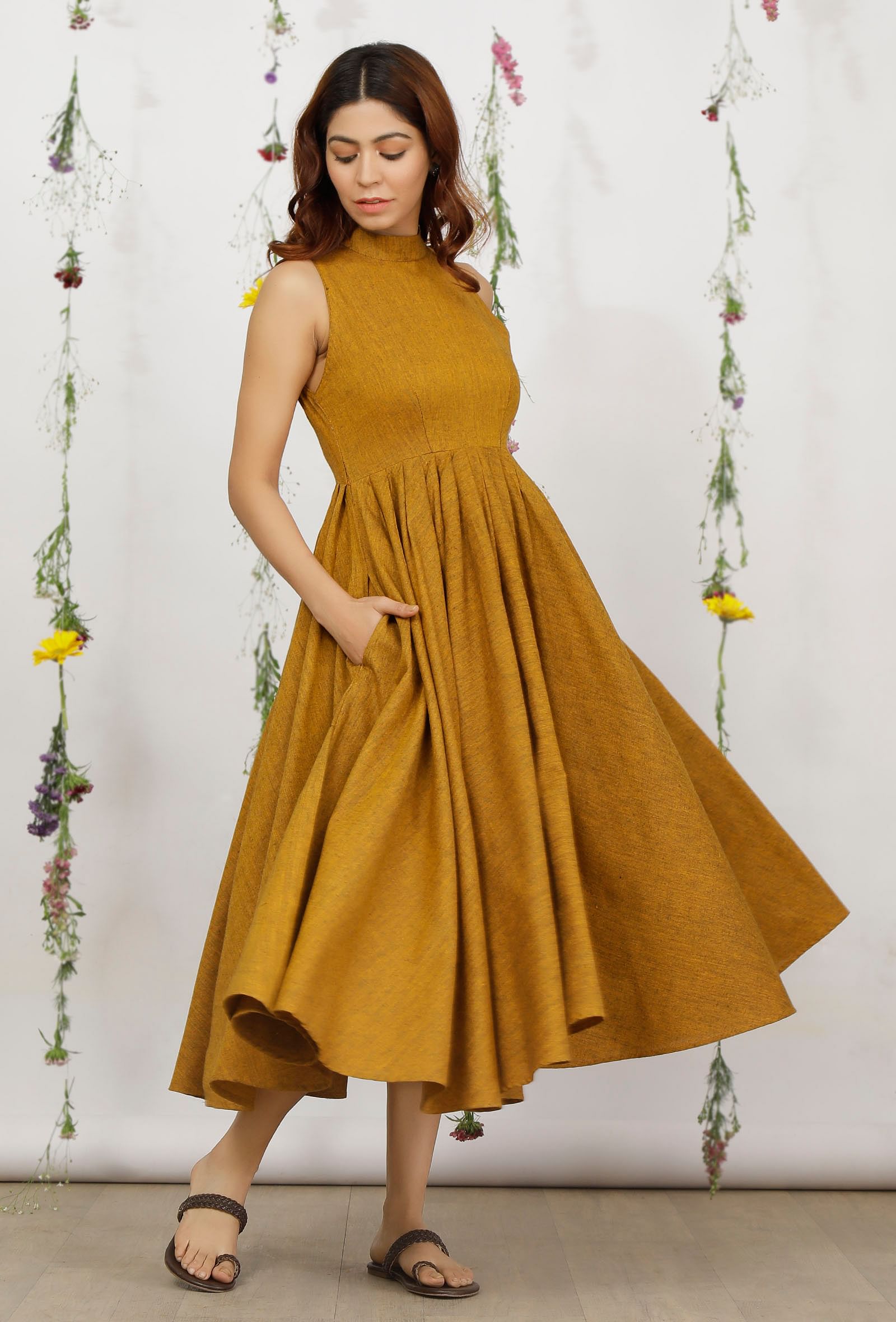 Mustard Yellow Khadi Cotton Halter Neck Dress for Women XXXL Mustard Yellow Khadi Cotton Halter Neck Dress for Women XXXL