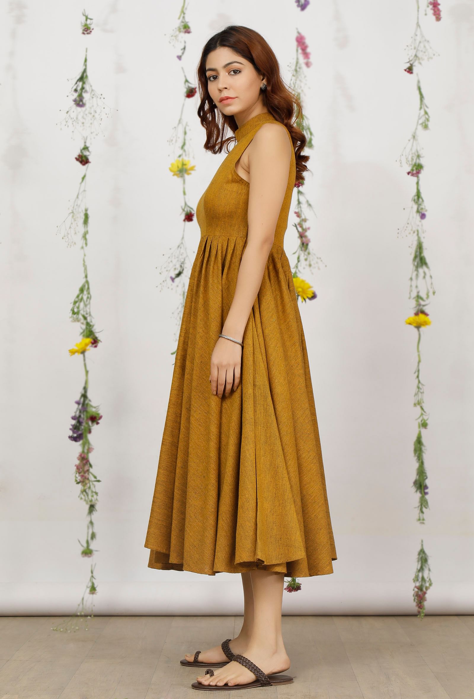 Mustard Yellow Khadi Cotton Halter Neck Dress for Women XXXL Mustard Yellow Khadi Cotton Halter Neck Dress for Women XXXL