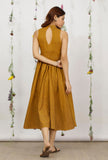 Mustard Yellow Khadi Cotton Flared Halter Neck Sleeveless Dress