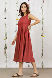 Carmine Red Khadi Cotton Sleeveless Flared Dress