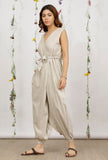 Beige Khadi Cotton Wrap Around Jumpsuit with Belt