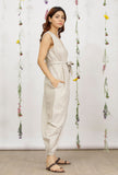 Beige Khadi Cotton Wrap Around Jumpsuit with Belt