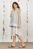 Set of 2: Grey Cotton Khadi Straight Asymmetrical Dress with Powder Blue Flared Shrug