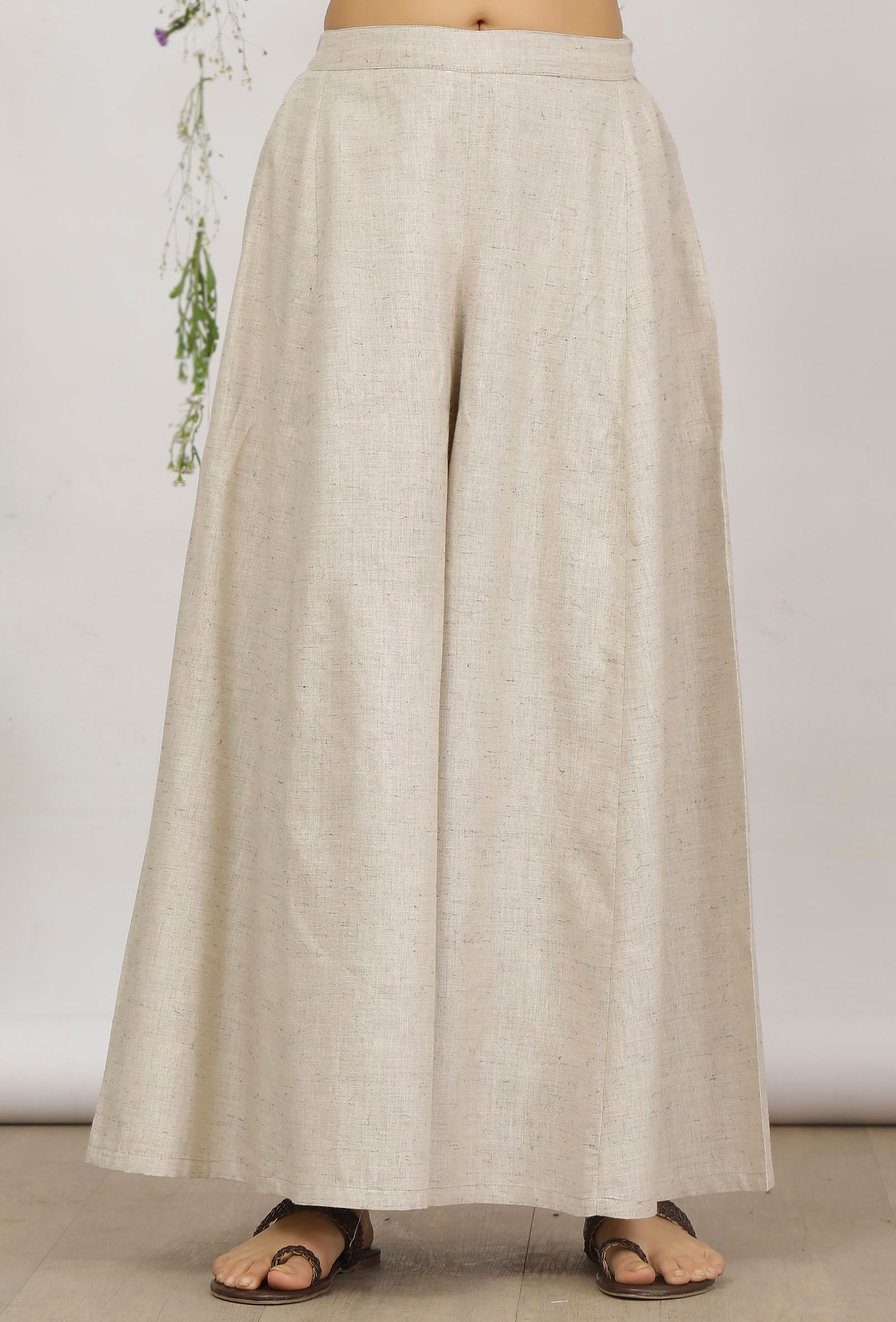 Set of 2: Beige Cotton Khaadi and Grey Straight Short Kurta with Khadi Cotton Flared Pants