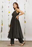 Set of 2: Dark Olive Sleeveless Cotton Khadi Kurta with Dark Olive Straight Pants