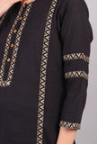 Set of 2: Black Kantha Embroidered Kurta with Solid Black Narrow Pants