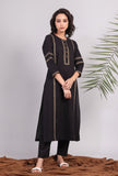 Black Kantha Embroidered Cotton Kurta