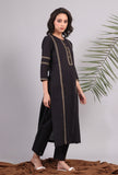 Black Kantha Embroidered Cotton Kurta