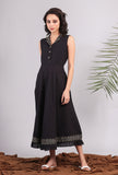 Black Midi Shirt Dress with Kantha Embroidery