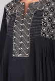 Black Kantha Embroidered Side Pleated Kurta