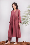 Set of 2: Plum Kantha Front Gathered Long Kurta dress With Narrow Pants