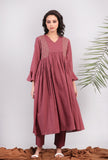 Set of 2: Plum Kantha Front Gathered Long Kurta dress With Narrow Pants