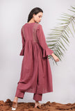 Set of 2: Plum Kantha Front Gathered Long Kurta dress With Narrow Pants