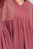 Set of 2: Plum Kantha Front Gathered Long Kurta dress With Narrow Pants