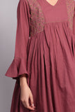 Set of 2: Plum Kantha Front Gathered Long Kurta dress With Narrow Pants