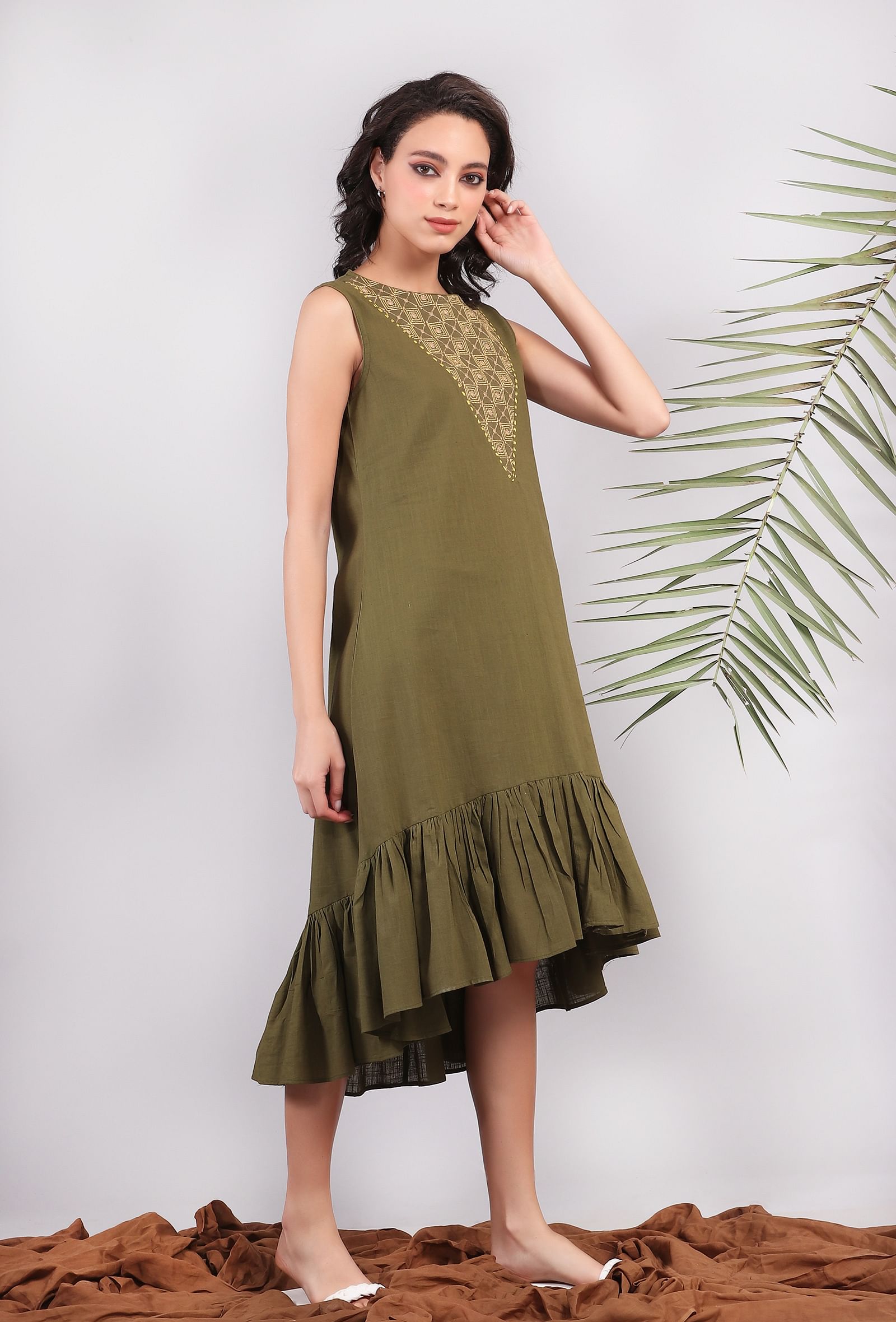 Olive Green Kantha Asymmetrical Tiered Dress