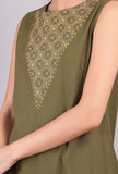Olive Green Kantha Asymmetrical Tiered Dress