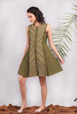 Olive Green Kantha Embroidered Side Pleated Dress