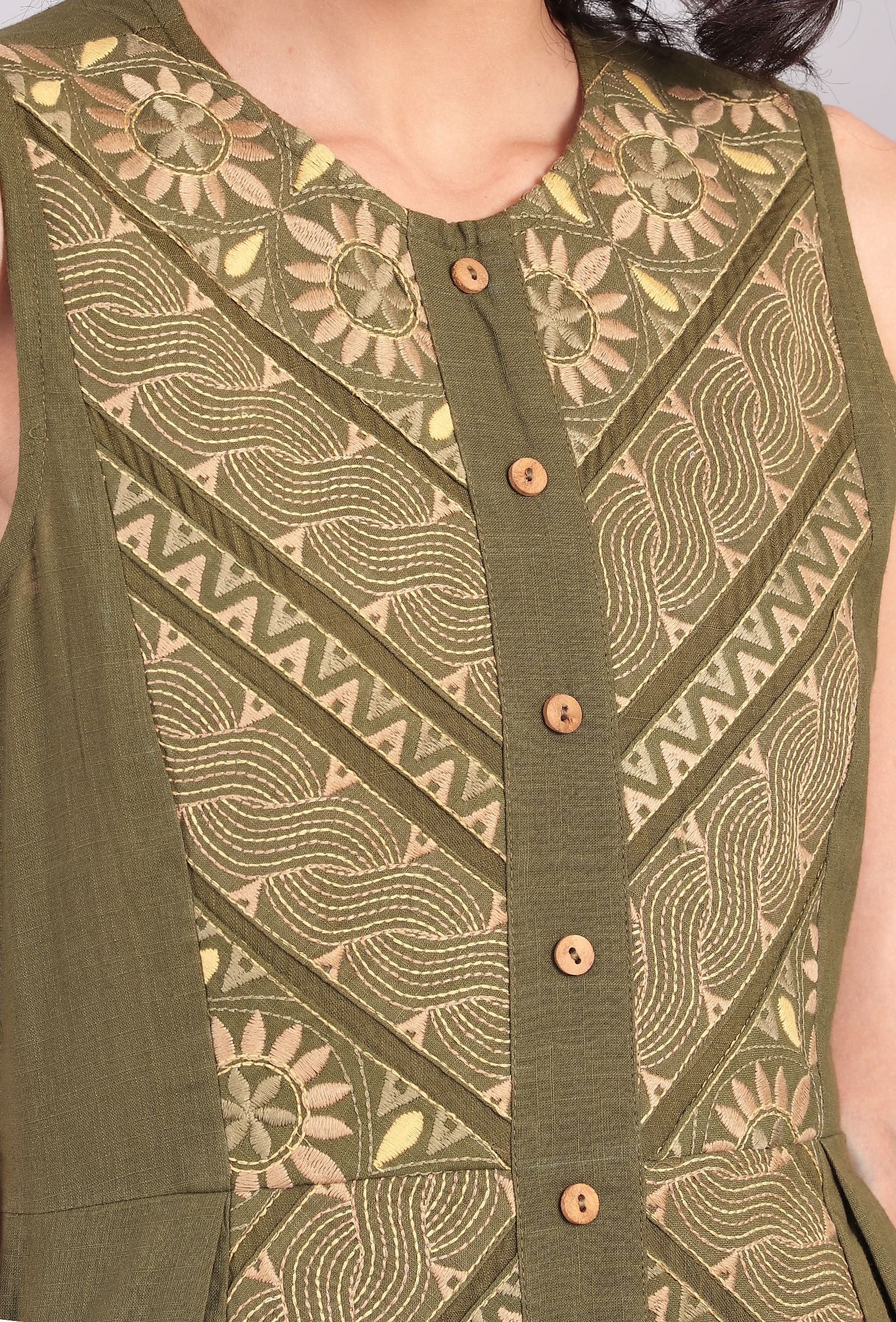 Olive Green Kantha Embroidered Side Pleated Dress