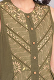Olive Green Kantha Embroidered Side Pleated Dress