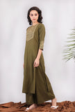 Set of 2: Olive Green Kantha Long Kurta with Solid Palazzo Pants