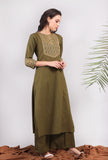 Set of 2: Olive Green Kantha Long Kurta with Solid Palazzo Pants