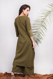 Set of 2: Olive Green Kantha Long Kurta with Solid Palazzo Pants