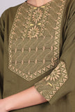 Set of 2: Olive Green Kantha Long Kurta with Solid Palazzo Pants