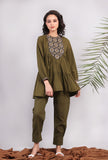 Set of 2: Olive Green Kantha Embroidered Kurta with Solid Olive Green Cuffed Pants