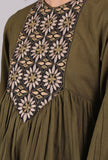Set of 2: Olive Green Kantha Embroidered Kurta with Solid Olive Green Cuffed Pants