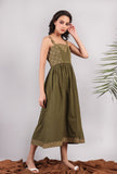 Olive Green Kantha Embroidered Strappy Gathered Dress