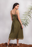 Olive Green Kantha Embroidered Strappy Gathered Dress