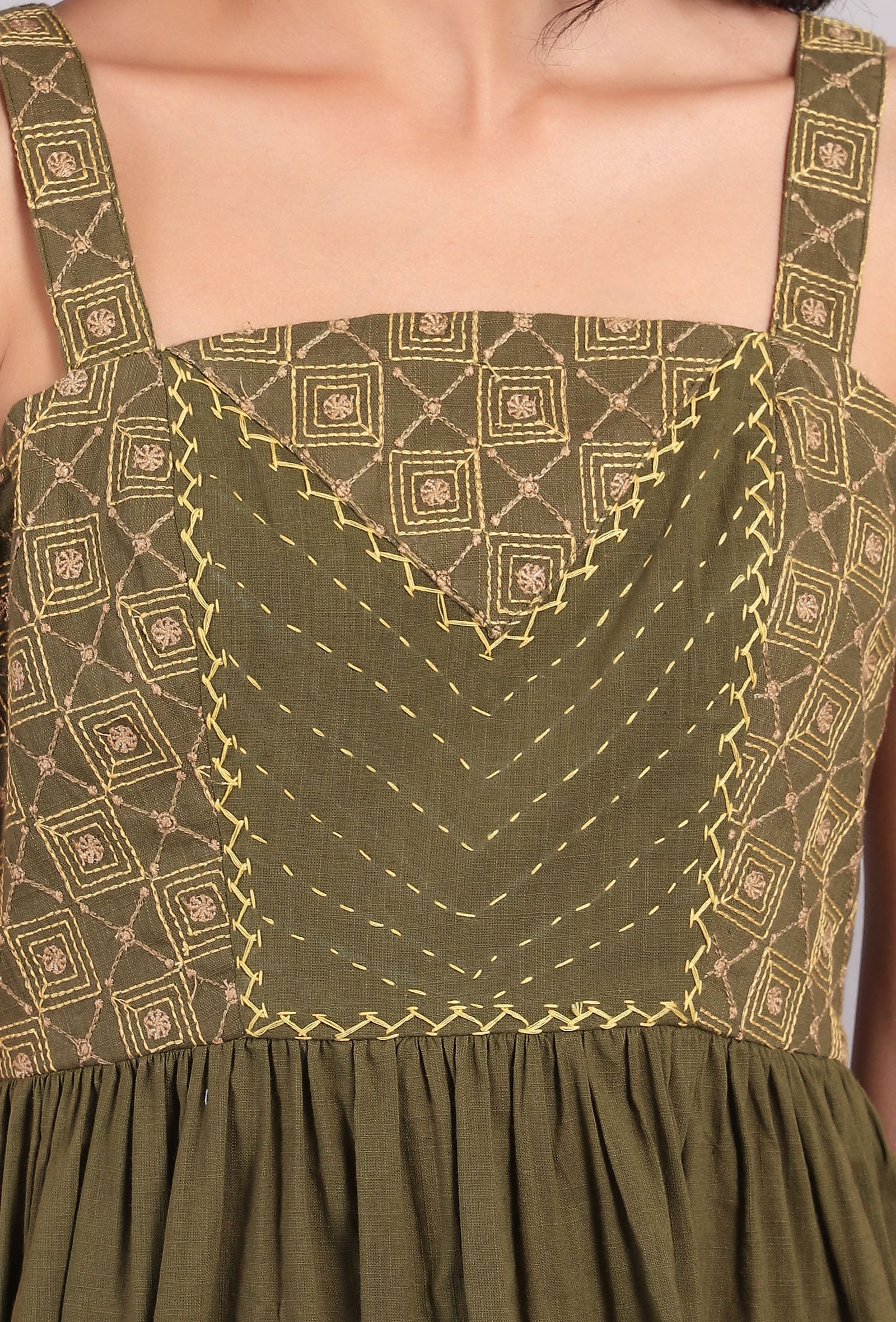 Olive Green Kantha Embroidered Strappy Gathered Dress