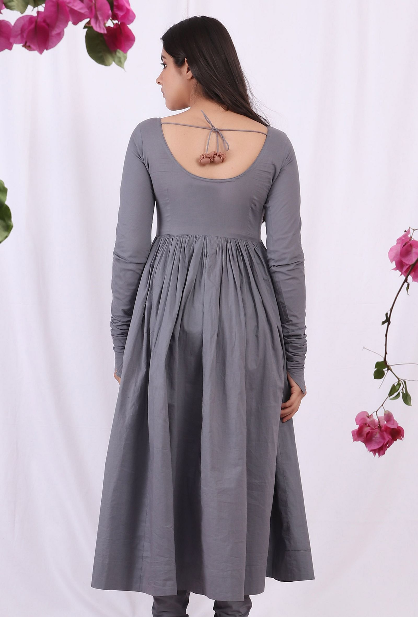 Grey embroidered Cotton Solid Gathered and flared Kurta