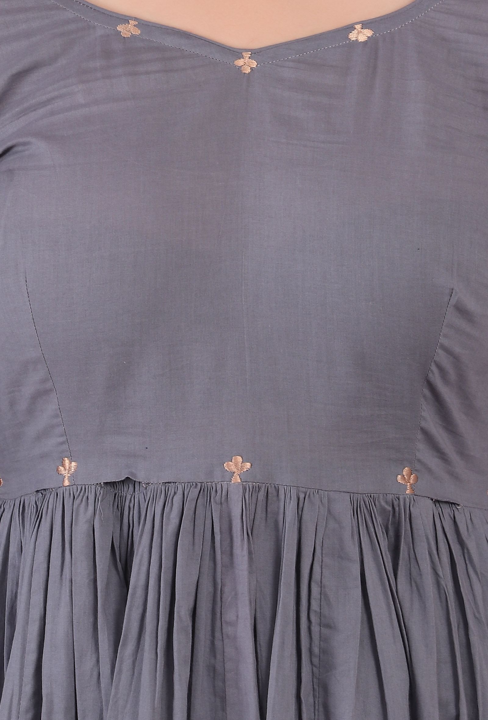 Grey embroidered Cotton Solid Gathered and flared Kurta