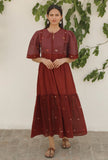 Maroon-Plum Jamdani Mulmul Cotton Tier Long Dress