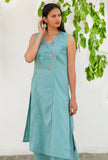 Aqua Blue  Mulmul-Jamdani Straight kurta